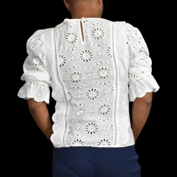 Veronica Beard Gale Blouse White Floral Eyelet Cotton Top Lattice Scallop Size 2 - Picture 2 of 16